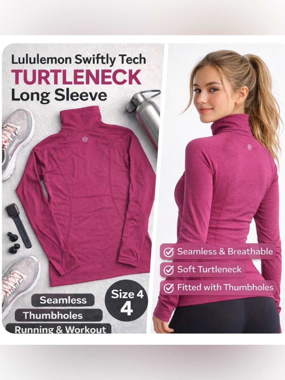 Lululemon Swiftly Tech Turtleneck Long Sleeve Pink Womens 4 Seamless Running Top